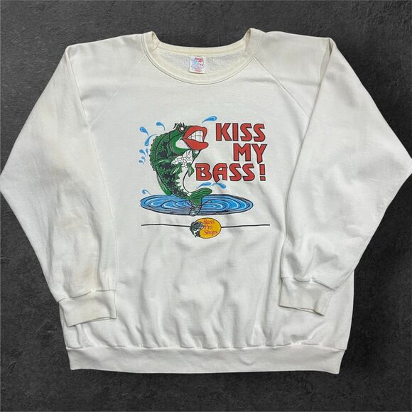 Media Art Vintage Crewneck Bass Pro Shops Kiss My White Sweatshirt Unisex XXL - Picture 1 of 7